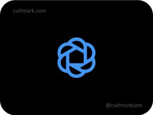 Cultmark blue geometric house logo with eight petals in a circular line art style, professional vector branding for real estate, eco-business and architectural branding.