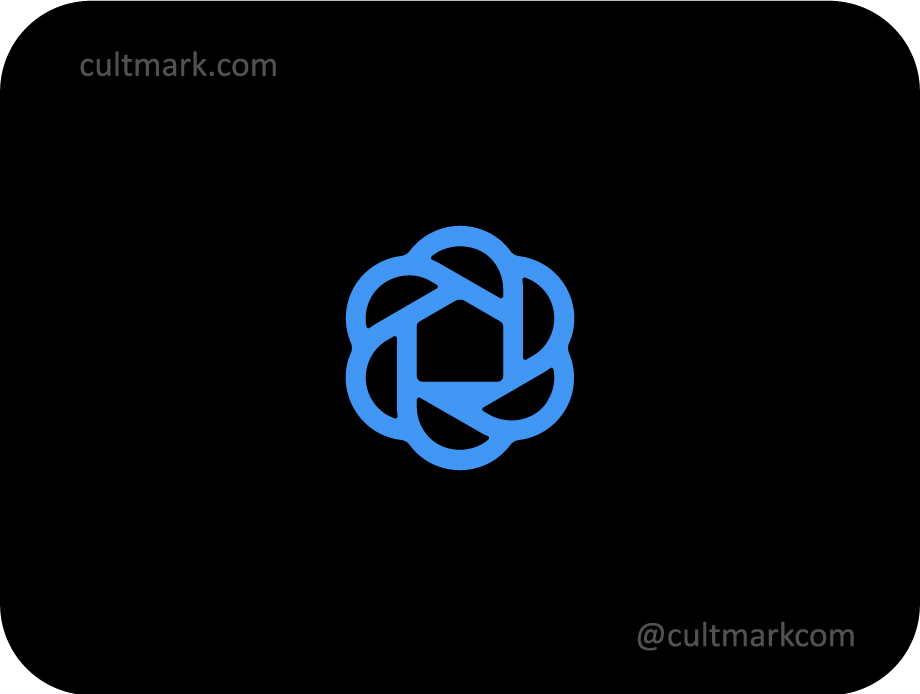 Cultmark blue geometric house logo with eight petals in a circular line art style, professional vector branding for real estate, eco-business and architectural branding.