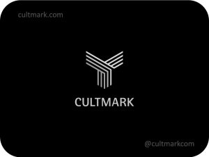 Cultmark Geometric Bird Wings logo, minimalist silver line-art symbol of a bird in flight for aerospace, logistics, or technology business identity on black background.
