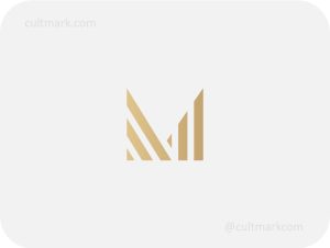 Cultmark Premium Letter M logo, minimalist gold geometric symbol featuring a letter M formed by vertical bars for investment, real estate, or architecture business identity on light background.