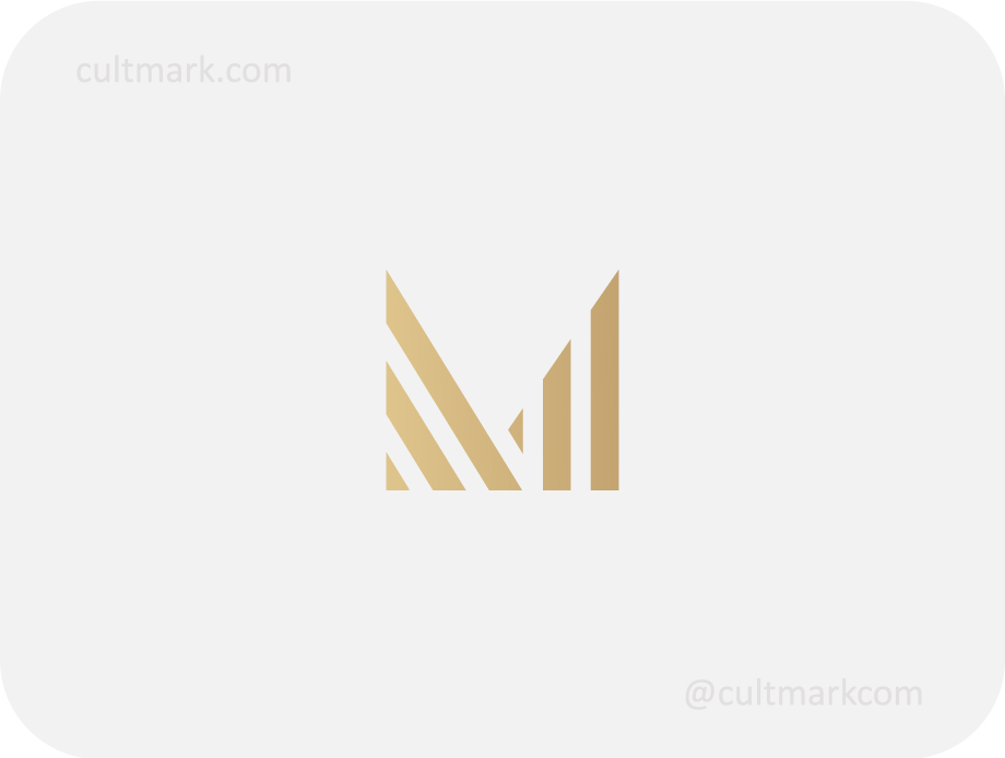 Cultmark Premium Letter M logo, minimalist gold geometric symbol featuring a letter M formed by vertical bars for investment, real estate, or architecture business identity on light background.