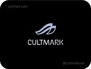 Cultmark Yacht Leaf Luxury logo, minimalist silver symbol combining a boat silhouette and leaf shape for maritime, eco-luxury, or wellness business identity on black background.