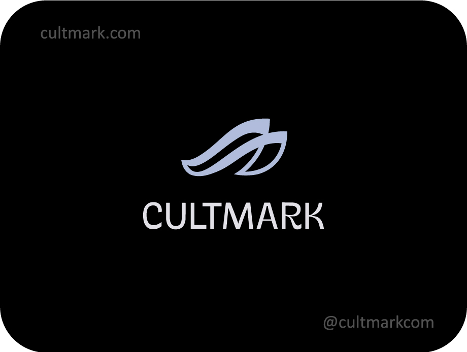 Cultmark Yacht Leaf Luxury logo, minimalist silver symbol combining a boat silhouette and leaf shape for maritime, eco-luxury, or wellness business identity on black background.