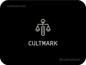 Cultmark Justice Scales logo, minimalist geometric line-art symbol of scales for law firm, attorney, or judicial business identity on black background.
