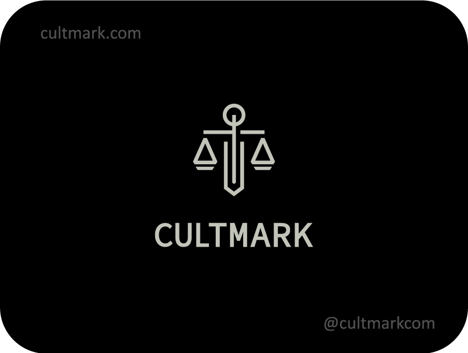 Cultmark Justice Scales logo, minimalist geometric line-art symbol of scales for law firm, attorney, or judicial business identity on black background.