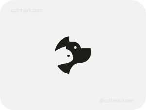 Cultmark Pet Care Negative Space logo, minimalist black and white symbol featuring a dog and cat silhouette for veterinary, grooming, or pet shop business identity on light background.