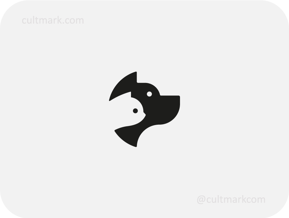 Cultmark Pet Care Negative Space logo, minimalist black and white symbol featuring a dog and cat silhouette for veterinary, grooming, or pet shop business identity on light background.