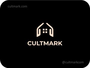 Cultmark Safe Home Hands logo, minimalist beige symbol featuring hands forming a house silhouette for real estate, home security, or property management business identity on black background.