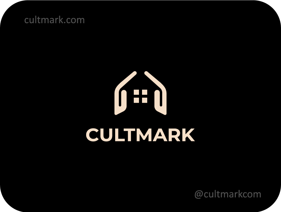 Cultmark Safe Home Hands logo, minimalist beige symbol featuring hands forming a house silhouette for real estate, home security, or property management business identity on black background.