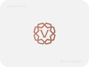 Cultmark Premium Letter V Ornament logo, minimalist rose-gold geometric symbol featuring a letter V inside a floral frame for luxury fashion, beauty, or hotel business identity on light background.