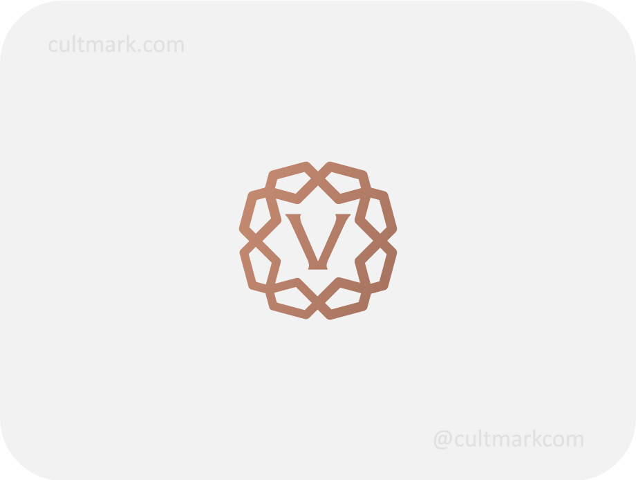 Cultmark Premium Letter V Ornament logo, minimalist rose-gold geometric symbol featuring a letter V inside a floral frame for luxury fashion, beauty, or hotel business identity on light background.