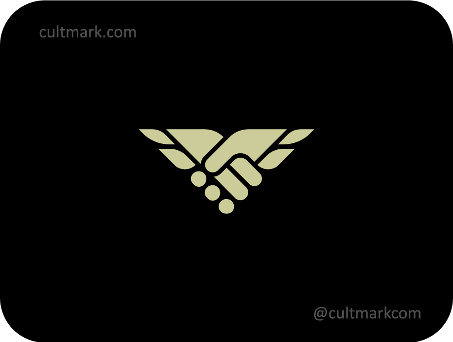 Cultmark trusted handshake wings logo, professional monochrome icon for partnership, legal trust, and secure business collaboration.