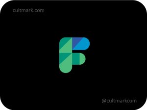 Cultmark Geometric Letter F Tech logo, modern colorful symbol featuring a letter F made of triangles and rounded shapes for software, fintech, or creative agency business identity on black background.