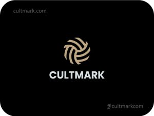 Cultmark Geometric Vortex logo, minimalist gold symbol of swirling lines representing energy and motion for tech, logistics, or consulting business identity on black background.