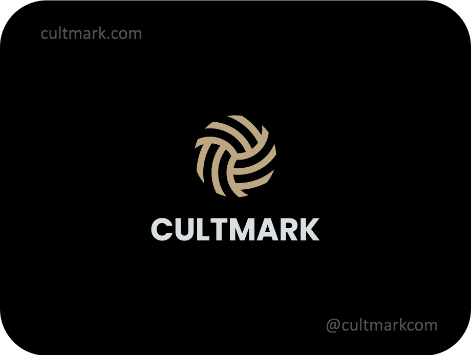 Cultmark Geometric Vortex logo, minimalist gold symbol of swirling lines representing energy and motion for tech, logistics, or consulting business identity on black background.