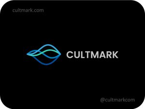 Cultmark Abstract Wave Tech logo, minimalist neon blue line-art symbol of sound waves or data frequency for AI, audio, or software business identity on black background.