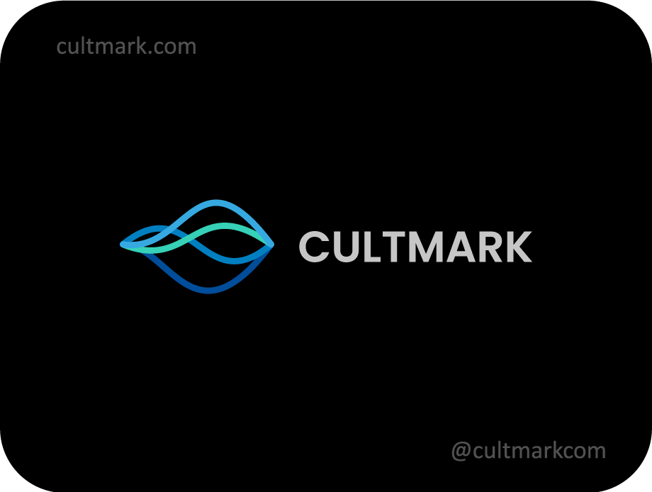 Cultmark Abstract Wave Tech logo, minimalist neon blue line-art symbol of sound waves or data frequency for AI, audio, or software business identity on black background.