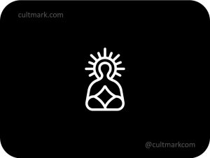 Cultmark Zen Yoga Meditation logo, minimalist white line-art symbol of a meditating person with a sun halo for wellness, yoga, or spiritual business identity on black background.