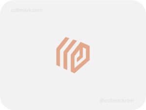Cultmark Isometric House logo, minimalist peach-colored geometric symbol of a house for real estate, architecture, or interior design business identity on light background.