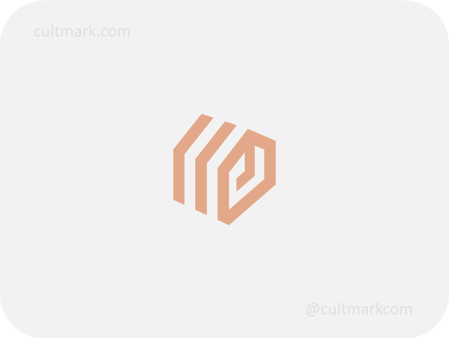 Cultmark Isometric House logo, minimalist peach-colored geometric symbol of a house for real estate, architecture, or interior design business identity on light background.