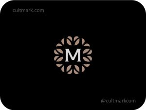 Cultmark Premium Letter M Ornament logo, minimalist beige and white symbol featuring a letter M inside a floral circular frame for luxury cafe, hotel, or beauty business identity on black background.