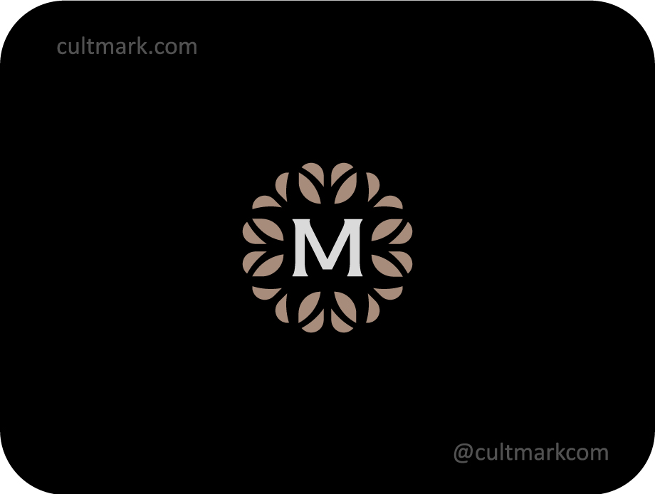 Cultmark Premium Letter M Ornament logo, minimalist beige and white symbol featuring a letter M inside a floral circular frame for luxury cafe, hotel, or beauty business identity on black background.