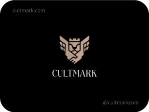 Cultmark Heraldic Lion Partnership logo, minimalist gold crest featuring a lion head with crown and handshake symbol for legal, financial, or consulting business identity on black background.