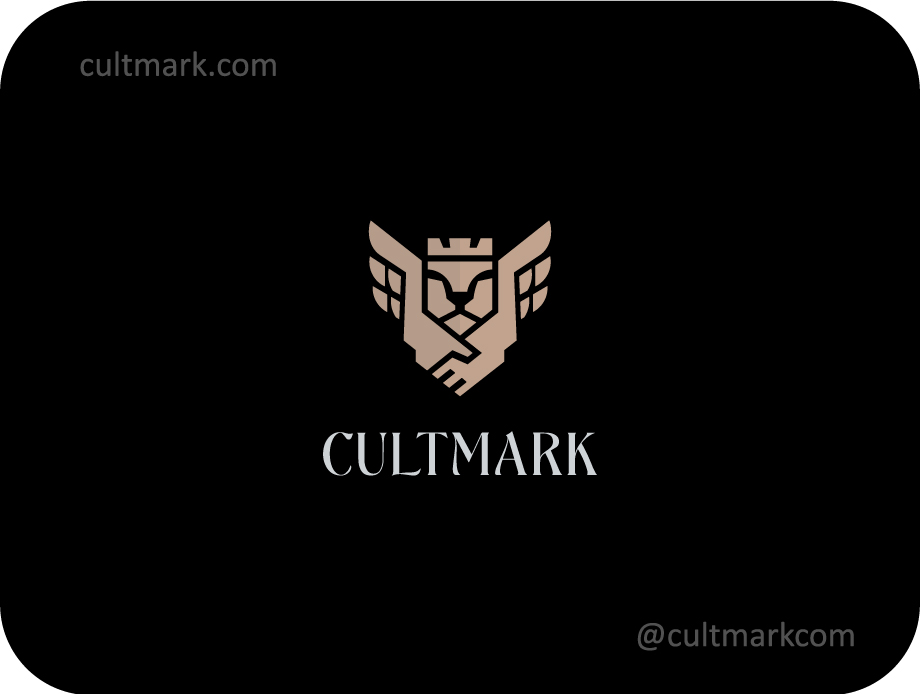 Cultmark Heraldic Lion Partnership logo, minimalist gold crest featuring a lion head with crown and handshake symbol for legal, financial, or consulting business identity on black background.