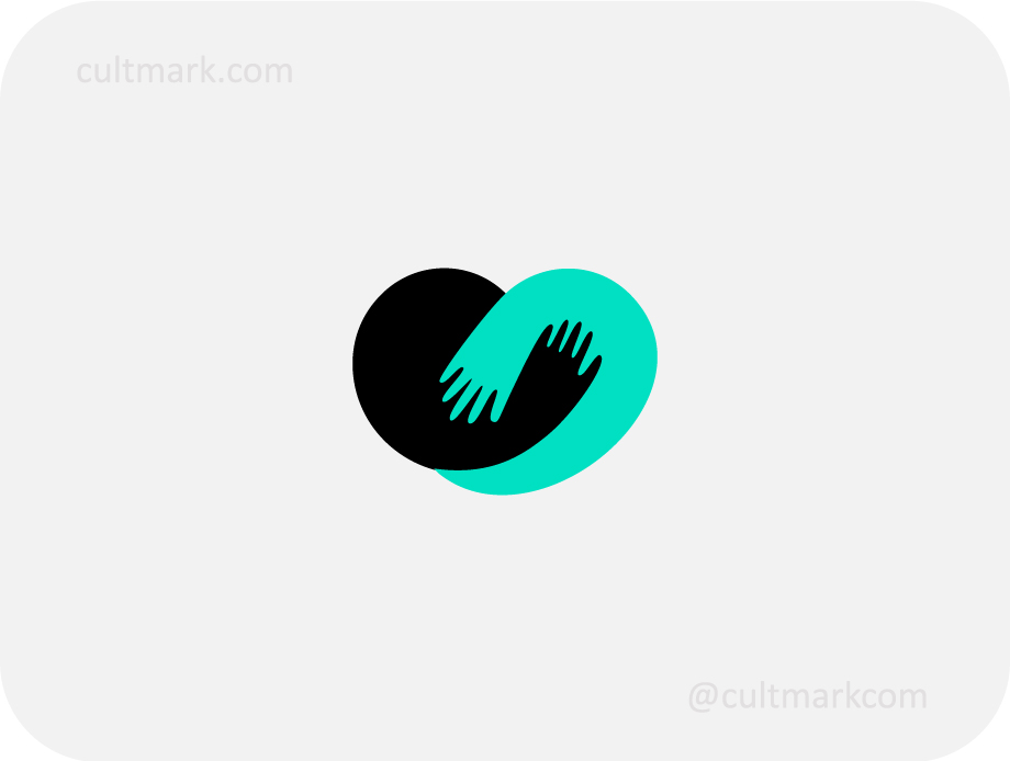Cultmark modern heart logo design with two hands hugging, black and teal minimalist icon for mental health, community support, and wellness branding.