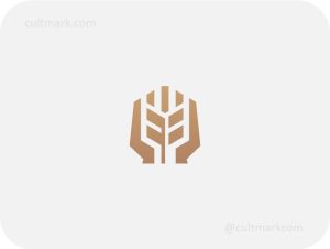 Cultmark Geometric Grain Hands logo, minimalist brown symbol of wheat ear held by hands for bakery, agriculture, or organic food business identity on light background.