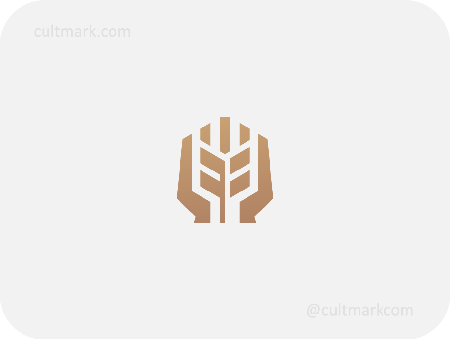 Cultmark Geometric Grain Hands logo, minimalist brown symbol of wheat ear held by hands for bakery, agriculture, or organic food business identity on light background.