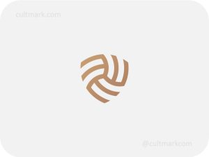 Cultmark Dynamic Shield logo, minimalist brown line-art symbol of a swirling crest for security, insurance, or data protection business identity on light background.
