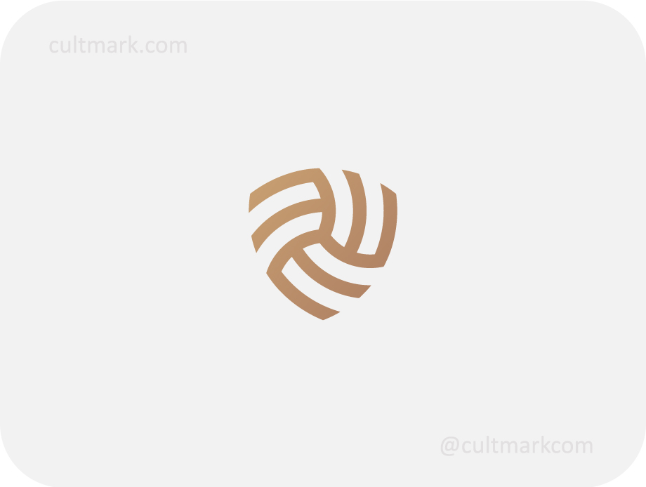 Cultmark Dynamic Shield logo, minimalist brown line-art symbol of a swirling crest for security, insurance, or data protection business identity on light background.