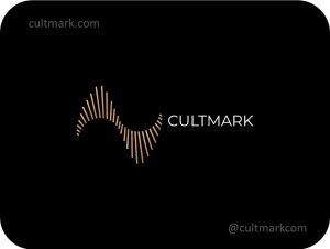 Cultmark Audio Wave Tech logo, minimalist gold line-art symbol of a sound frequency or data pulse for music, podcast, or software business identity on black background.