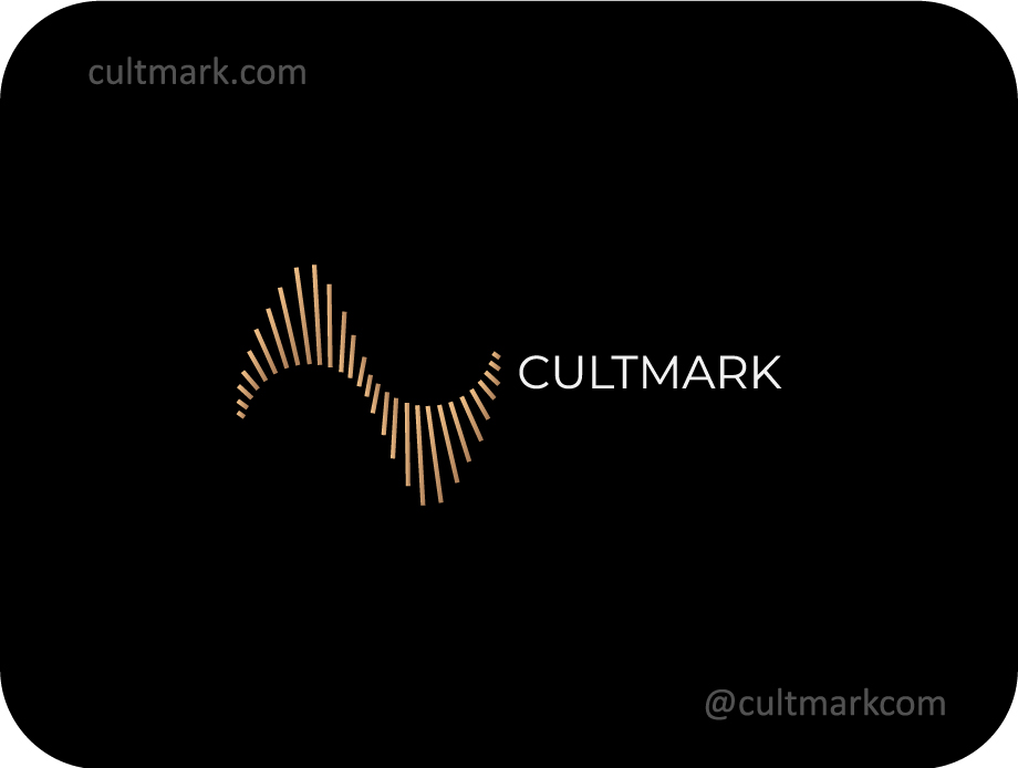 Cultmark Audio Wave Tech logo, minimalist gold line-art symbol of a sound frequency or data pulse for music, podcast, or software business identity on black background.