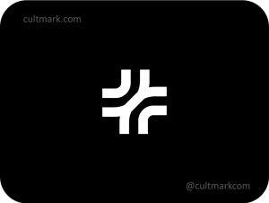 Cultmark Geometric Cross logo, minimalist white symbol of a plus sign made of parallel lines for health-tech, medicine, or architectural business identity on black background.