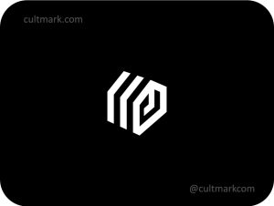 Cultmark Geometric House logo, minimalist white geometric symbol of a house on a black background for real estate, architecture, or smart home tech business identity.