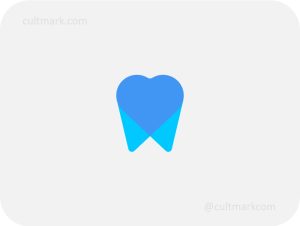 Cultmark Heart Tooth Dental logo, premium blue geometric vector symbol of a tooth with heart shape for professional dentistry and orthodontic business identity on light background.