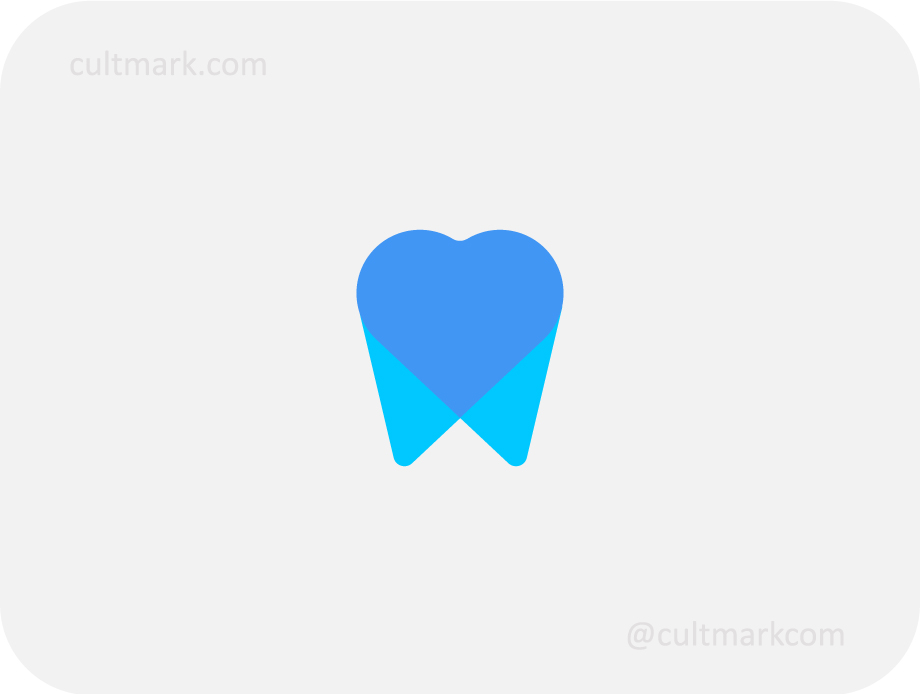 Cultmark Heart Tooth Dental logo, premium blue geometric vector symbol of a tooth with heart shape for professional dentistry and orthodontic business identity on light background.