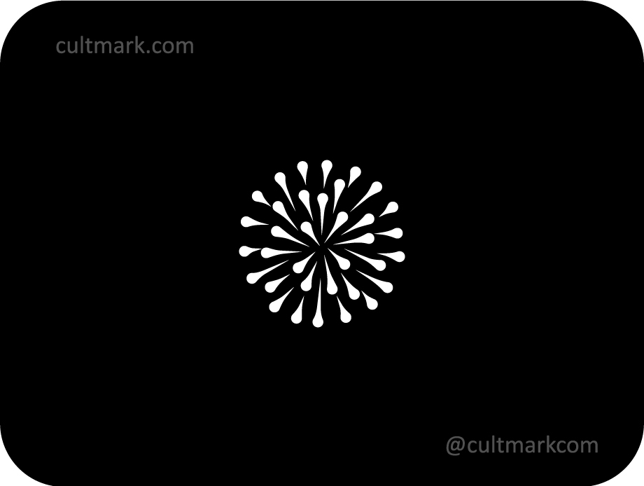 Cultmark Minimalist Firework Spark logo, white radial burst symbol for tech, marketing, or event planning business identity on black background.