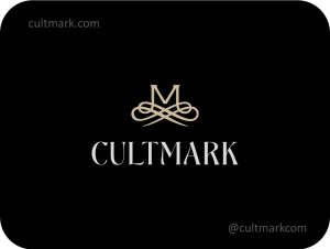 Cultmark Elegant Letter M logo, premium gold calligraphic symbol with flourishes for luxury fashion, boutique, or jewelry business identity on black background.