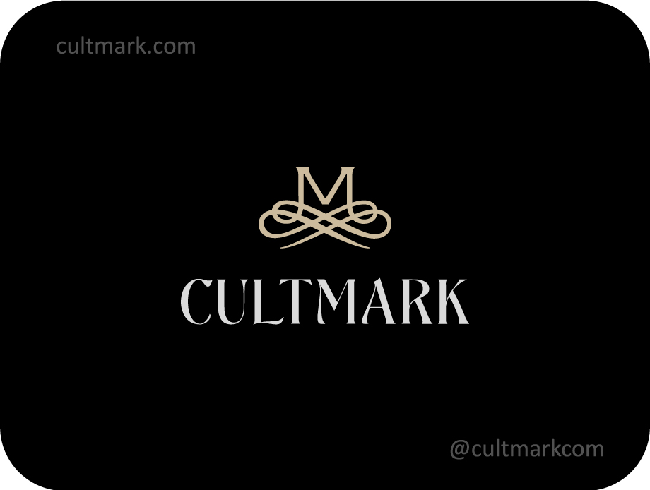 Cultmark Elegant Letter M logo, premium gold calligraphic symbol with flourishes for luxury fashion, boutique, or jewelry business identity on black background.