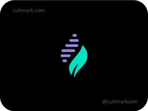 Cultmark Tech Leaf logo, modern purple and turquoise gradient vector symbol of a leaf and data bars for tech, agrotech, or eco-tech business identity on black background.