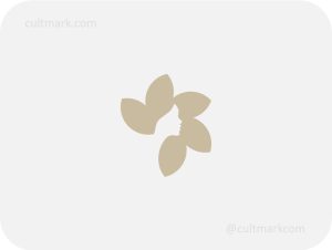 Cultmark Woman Flower Wellness logo, elegant beige vector symbol of a female profile and flower petals for beauty, spa, or organic skincare business identity.