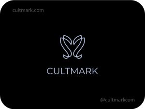 Cultmark Butterfly Flower Bloom logo, elegant silver line-art vector symbol of a butterfly and flower for beauty, wellness, or jewelry business identity on black background.