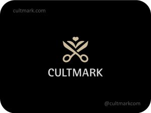 Cultmark Heart Scissors Hair Studio logo, premium gold vector symbol of scissors and heart for hair salon, barber, or stylist business identity on black background.