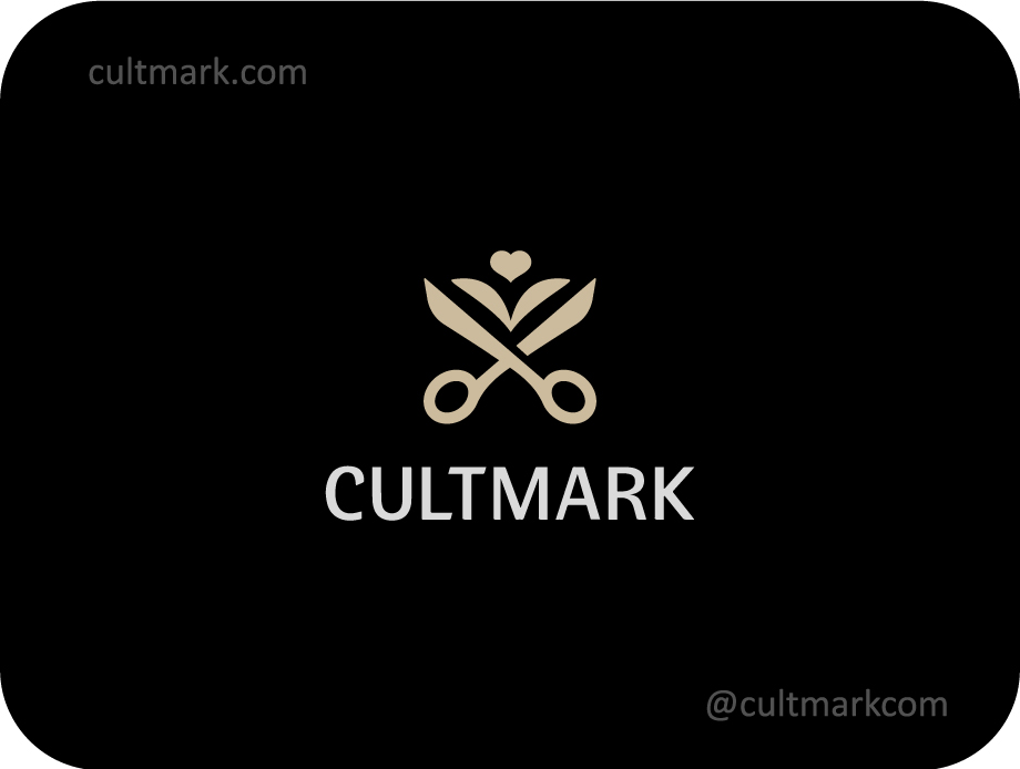 Cultmark Heart Scissors Hair Studio logo, premium gold vector symbol of scissors and heart for hair salon, barber, or stylist business identity on black background.