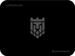 Cultmark Lion Crown Shield logo, heraldic grey geometric vector symbol of a lion and crown for security, legal, or finance business identity on black background.
