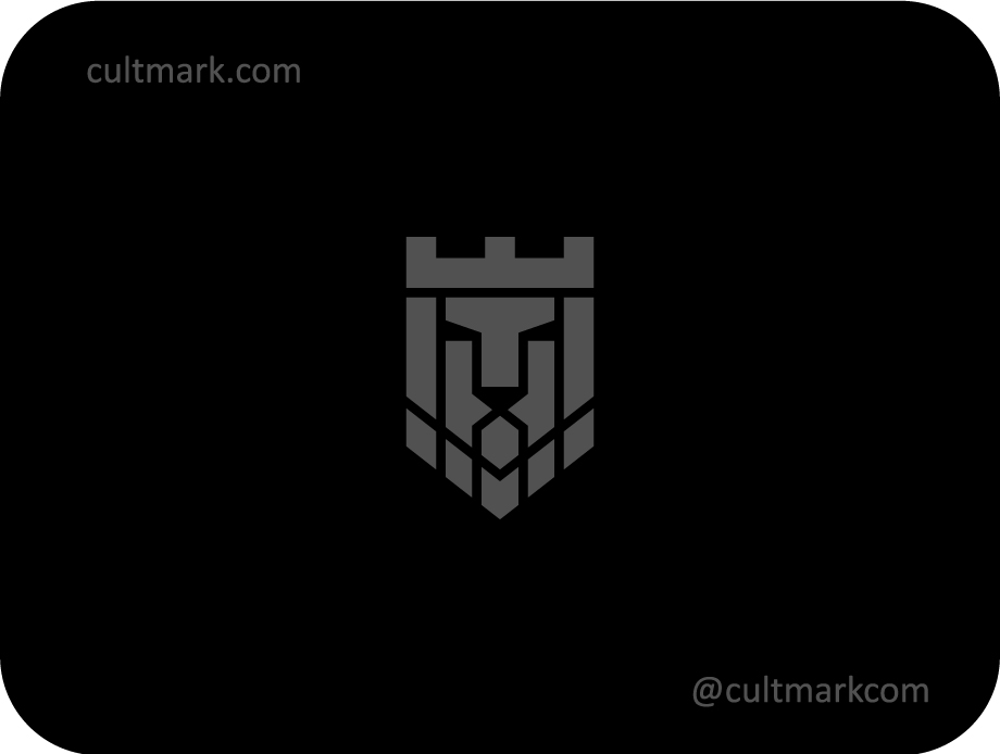 Cultmark Lion Crown Shield logo, heraldic grey geometric vector symbol of a lion and crown for security, legal, or finance business identity on black background.