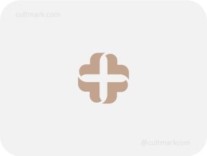 Cultmark Geometric Cross logo, elegant beige vector symbol of rounded shapes for healthcare, wellness clinic, or pharmacy business identity on light background.